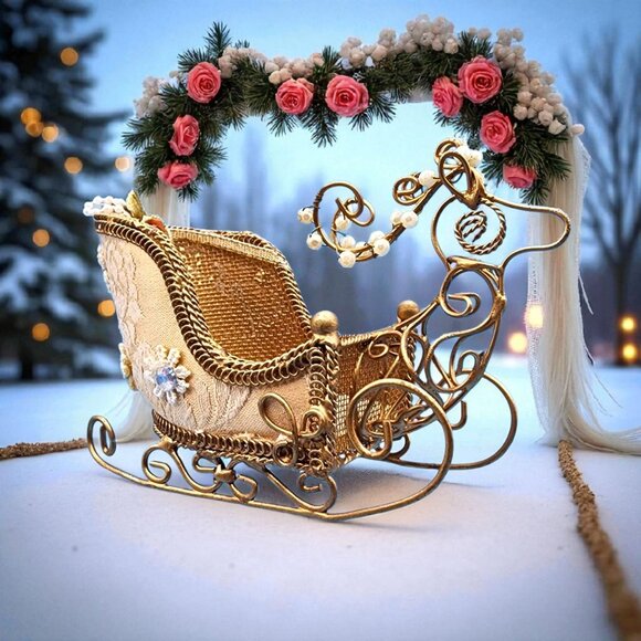 Victorian Reindeer Sleigh Ornament Gold Wire Lace Beaded Christmas Decor - Picture 1 of 11